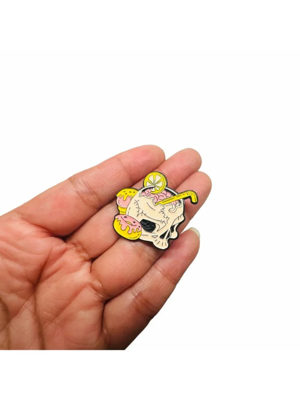 ⭐Enamel Pin Pink Skull Drinking Cocktail Goth Punk Cartoon Brooch